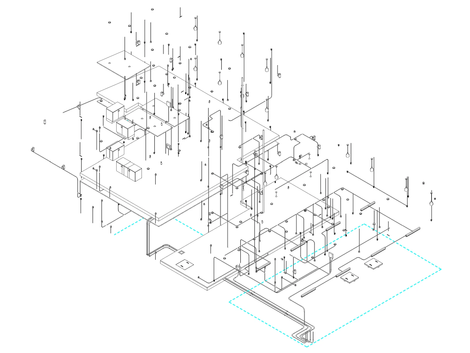 Isométrico eléctrico del modelo BIM con canalizaciones y salidas
